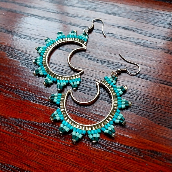 Handmade Turquoise Moon Beaded Earrings - Picture 2 of 3